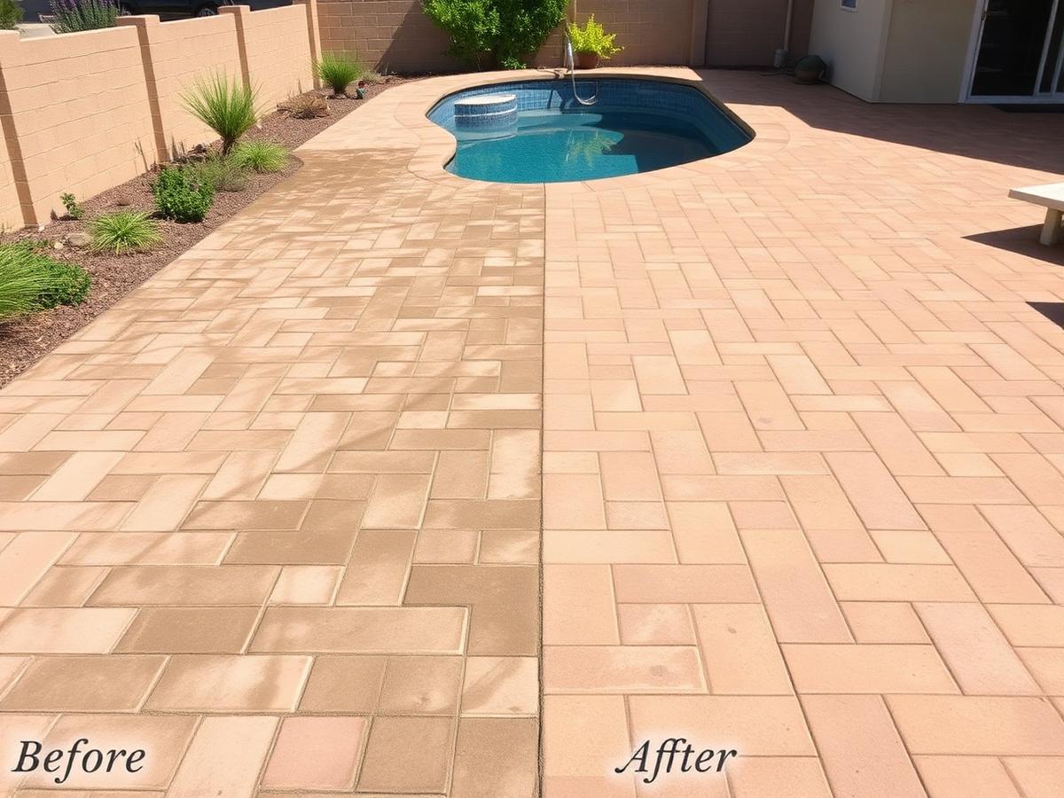 Before and after pool deck & pavers by AZ Crystal Clear Pressure Washing